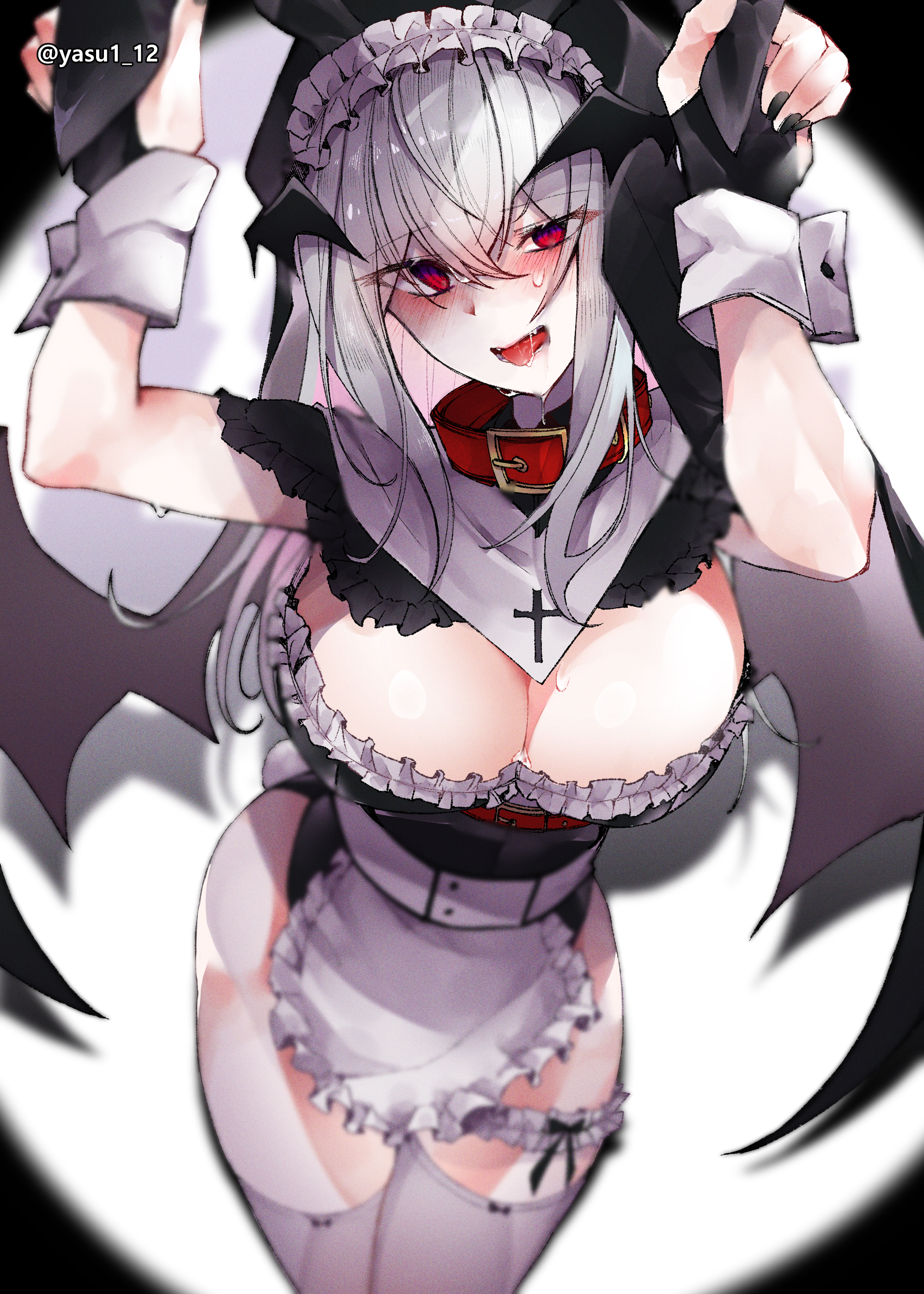 haagyu, original, absurdres, highres, 1girl, animal ear hairband, animal ears, apron, ass, black gloves, black nails, blurry, blush, breasts, bridal gauntlets, cleavage, collar, cowboy shot, curvy, demon girl, demon wings, depth of field, double-parted bangs, eyes visible through hair, facing viewer, fake animal ears, fake tail, fangs, frilled thigh strap, gloves, grey hair, guimpe, hair between eyes, hairband, hands on headwear, head wings, huge breasts, long hair, looking at viewer, maid, maid apron, maid headdress, maid leotard, nail polish, nontraditional playboy bunny, rabbit ears, red collar, red eyes, saliva, saliva trail, shadow, solo, sweat, tail, teeth, thigh strap, thighhighs, tongue, tongue out, unconventional maid, veil, white thighhighs, white wrist cuffs, wings, wrist cuffs