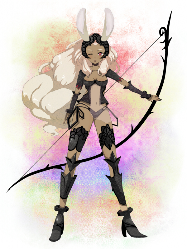 nasu (pixiv32561), runa (biscuit union), fran (ff12), final fantasy, final fantasy xii, bad id, bad pixiv id, 00s, 1girl, animal ears, armor, bow (weapon), dark-skinned female, dark skin, ears through headwear, female focus, fingernails, helmet, high heels, long hair, nail (hardware), navel, one eye closed, rabbit ears, red eyes, revealing clothes, shoes, solo, very long hair, viera, weapon, white hair, wink