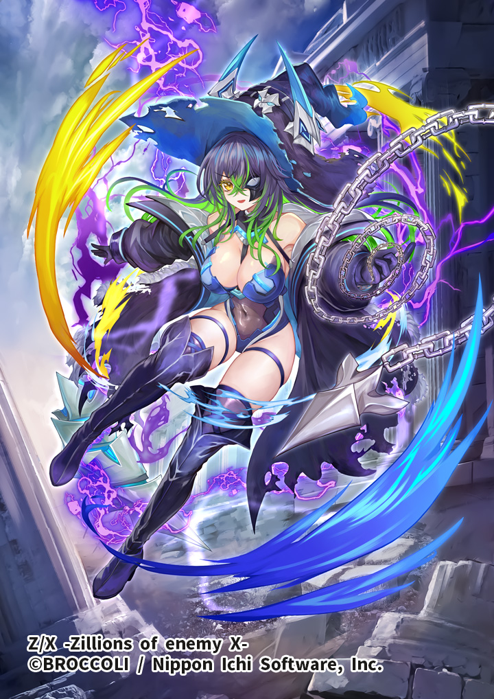 pupps, z/x, official art, 1girl, bare shoulders, black boots, black gloves, black hat, black robe, blue bodysuit, blue hair, bodysuit, boots, breasts, chain, cleavage, copyright notice, covered navel, floating, floating hair, gloria (z/x), gloves, green hair, half eye mask, hat, hat ornament, holding, holding chain, large breasts, multicolored hair, open clothes, open mouth, open robe, outdoors, purple electricity, robe, solo, thigh boots, thigh strap, torn clothes, torn hat, torn robe, witch hat, yellow eyes