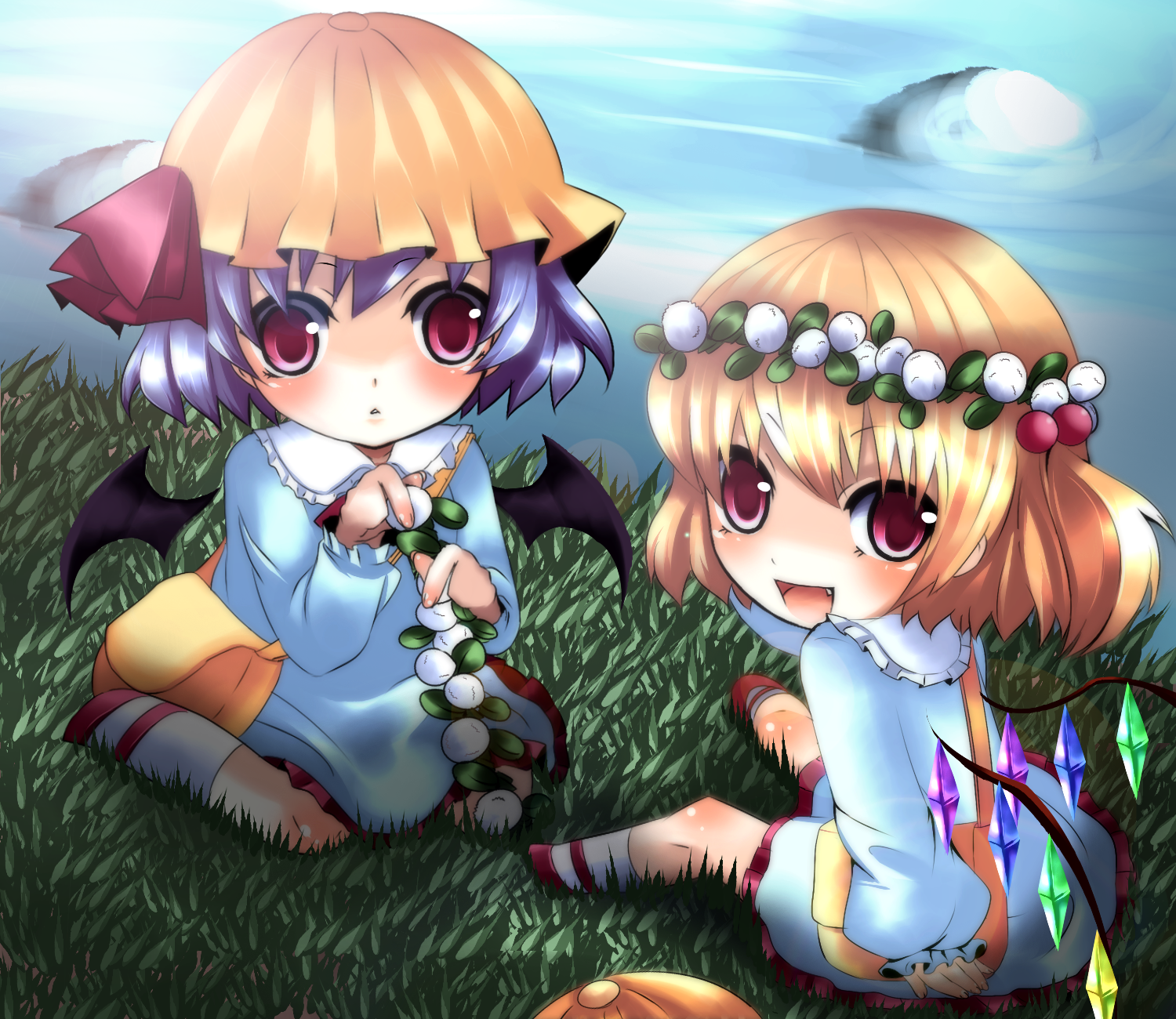 kozue, yukibina, flandre scarlet, remilia scarlet, touhou, bad id, bad pixiv id, highres, 2girls, bat wings, crown, fang, female focus, grass, hat, head wreath, kindergarten, kindergarten uniform, kneeling, looking back, multiple girls, open mouth, river, school hat, siblings, sisters, sitting, water, wings, wreath