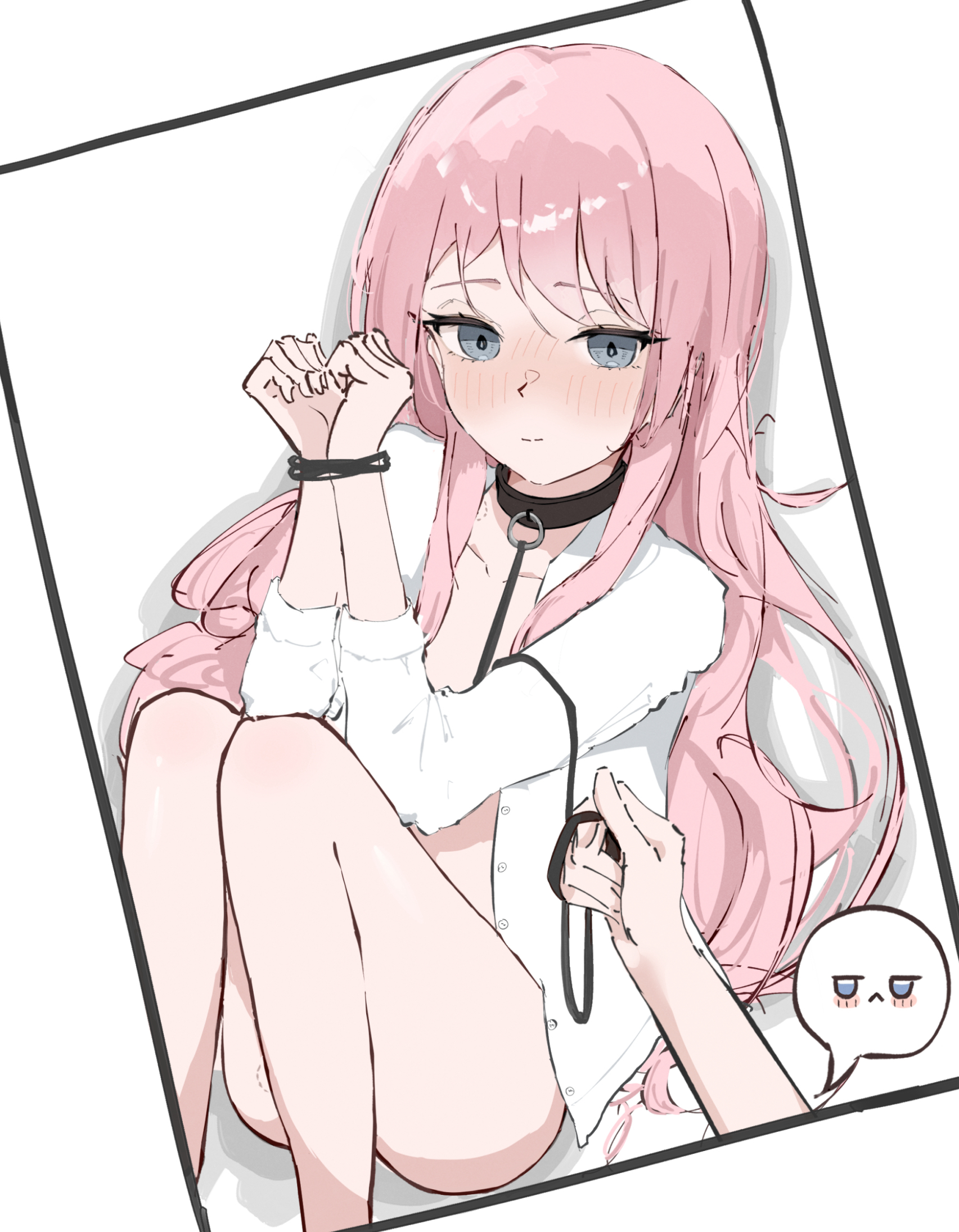 opuricheri, chihaya anon, nagasaki soyo, bang dream!, bang dream! it's mygo!!!!!, commentary, highres, 2girls, bite mark, bite mark on thigh, blush, bound, bound wrists, closed mouth, holding, holding leash, leash, long hair, multiple girls, pink hair, shirt, sidelocks, solo focus, spoken expression, white shirt, yuri