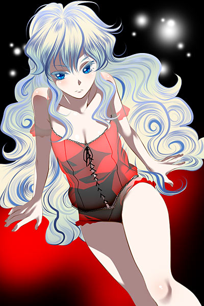 yukimitsuki, antispiral nia, nia teppelin, tengen toppa gurren lagann, + +, 00s, 1girl, blue eyes, breasts, cleavage, collarbone, corset, dark persona, female focus, legs, lingerie, long hair, multicolored hair, panties, solo, symbol-shaped pupils, underwear, very long hair