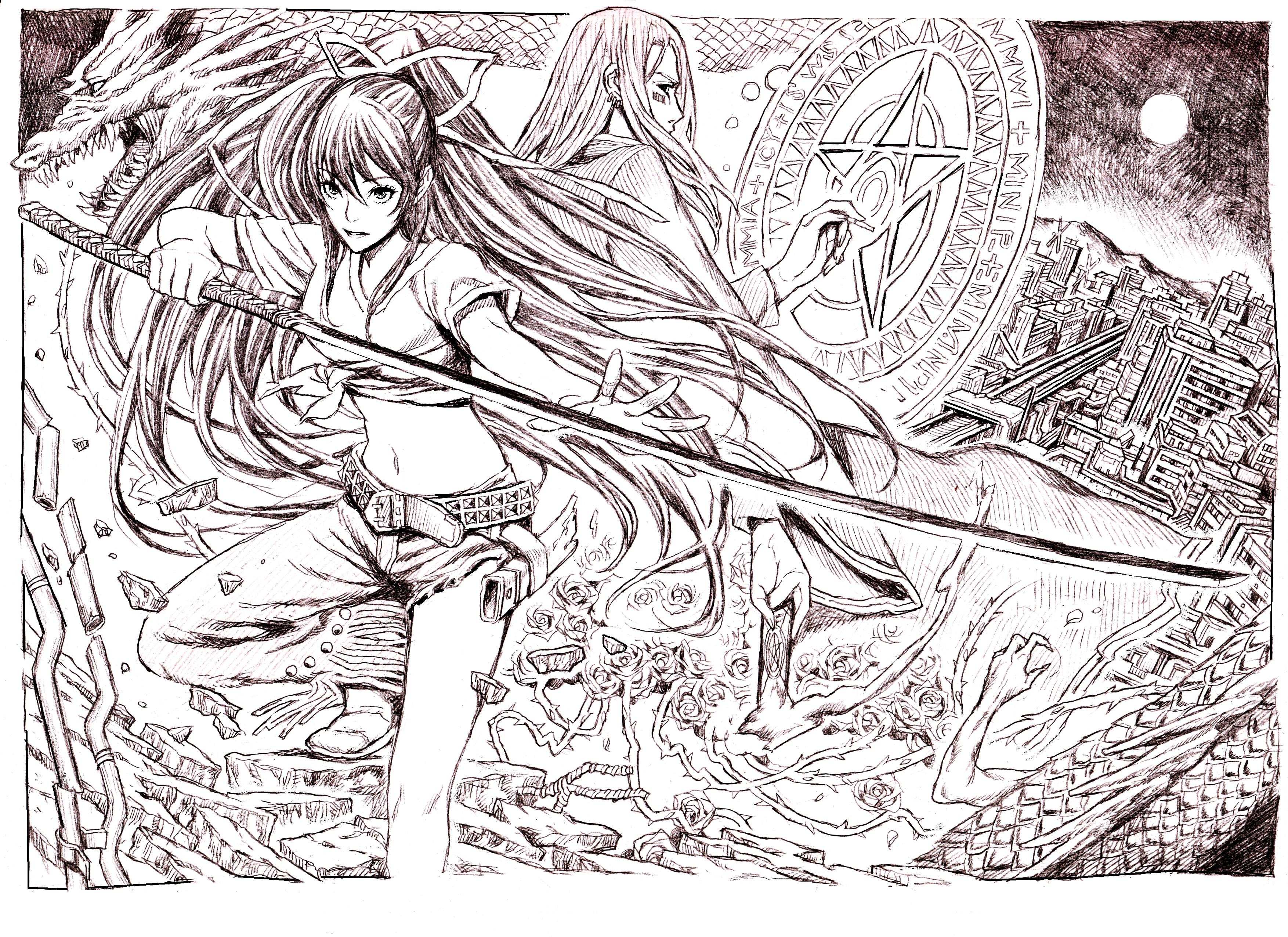 nobita (makoto7060355), kanzaki kaori, stiyl magnus, toaru majutsu no index, absurdres, bad id, bad pixiv id, highres, traditional media, 00s, 1boy, 1girl, asymmetrical clothes, greyscale, katana, magic circle, monochrome, purple theme, single pantsleg, stiyl, sword, weapon