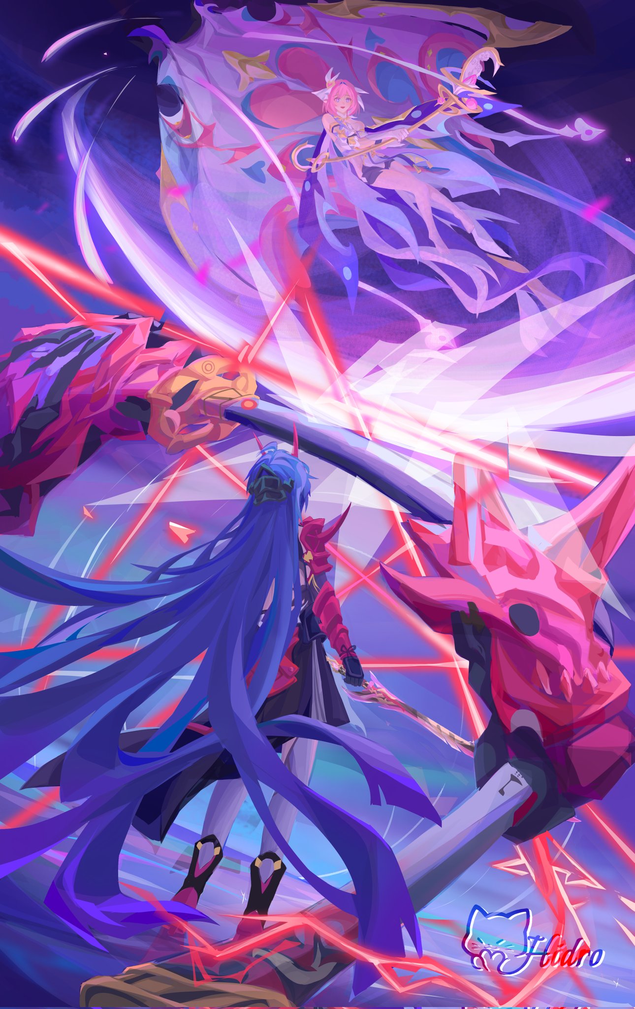 lucas (lucasng29949052), elysia (herrscher of human: ego) (honkai impact), elysia (honkai impact), raiden mei, raiden mei (herrscher of thunder), honkai (series), honkai impact 3rd, corrupted twitter file, hashtag-only commentary, highres, 2girls, barefoot, black dress, black shorts, corset, dress, floating, holding, holding staff, horns, katana, long hair, manta ray, multiple girls, pink hair, purple eyes, purple hair, red horns, short hair, short shorts, shorts, staff, sword, thighhighs, very long hair, weapon, white corset, white thighhighs
