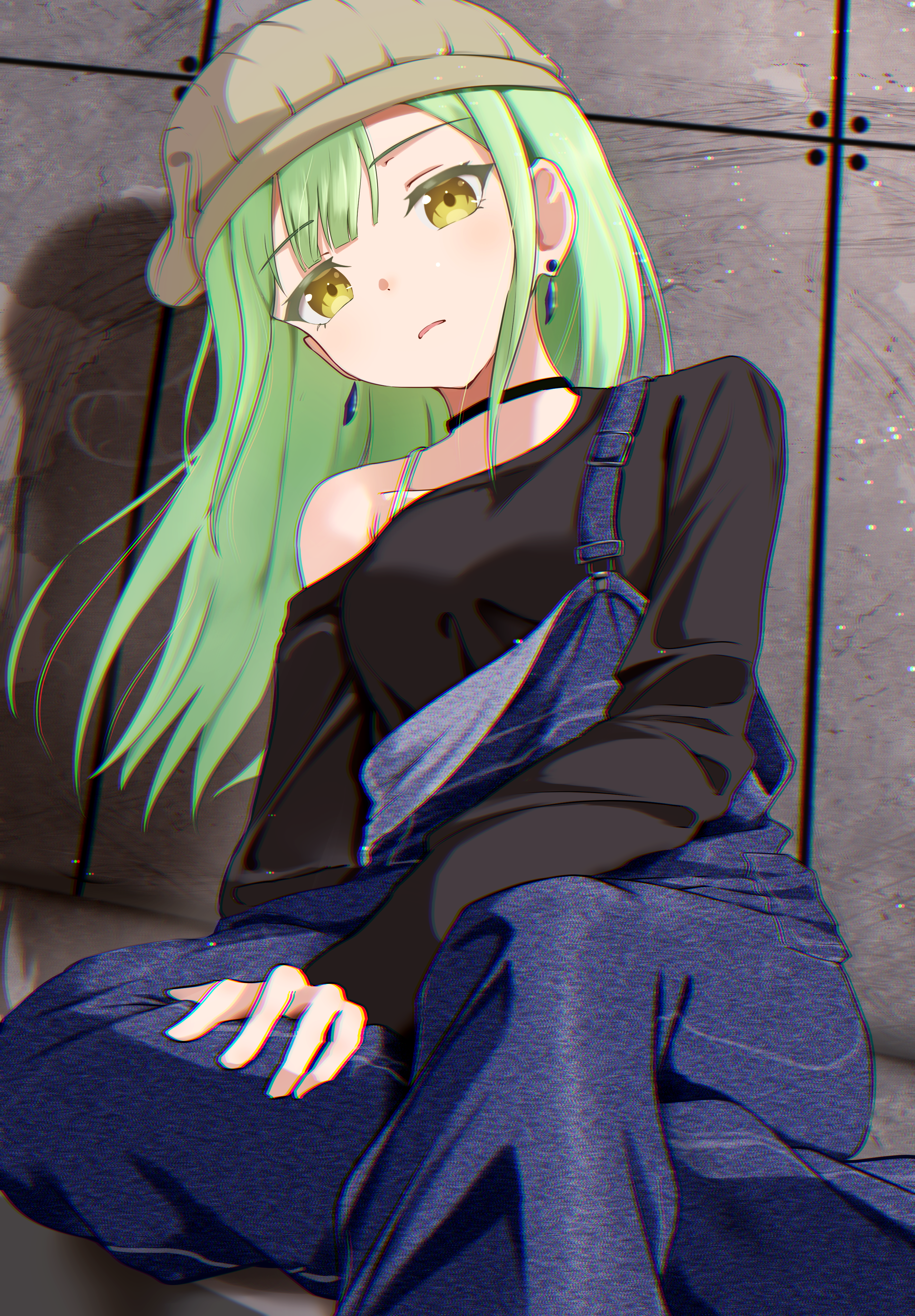 nanafuku, wakaba mutsumi, bang dream!, bang dream! it's mygo!!!!!, absurdres, commentary request, highres, partial commentary, 1girl, black choker, black shirt, blue overalls, bra strap, breasts, brown hat, choker, chromatic aberration, earrings, green hair, hat, jewelry, long hair, looking at viewer, medium breasts, overalls, parted lips, shirt, single off shoulder, sitting, solo, yellow eyes