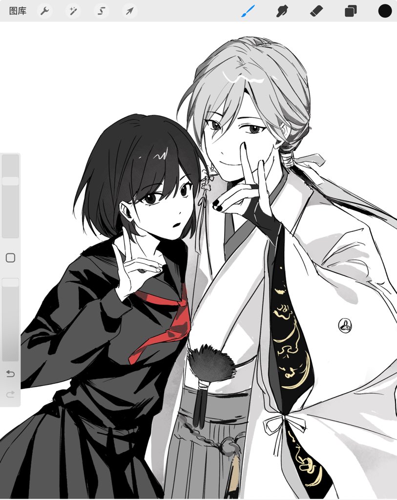 fox mask (silent hill), shimizu hinako, silent hill (series), silent hill f, 1boy, 1girl, art program in frame, black serafuku, japanese clothes, kimono, low ponytail, neckerchief, ponytail, red neckerchief, robe, school uniform, serafuku, shirei40, white kimono, white robe
