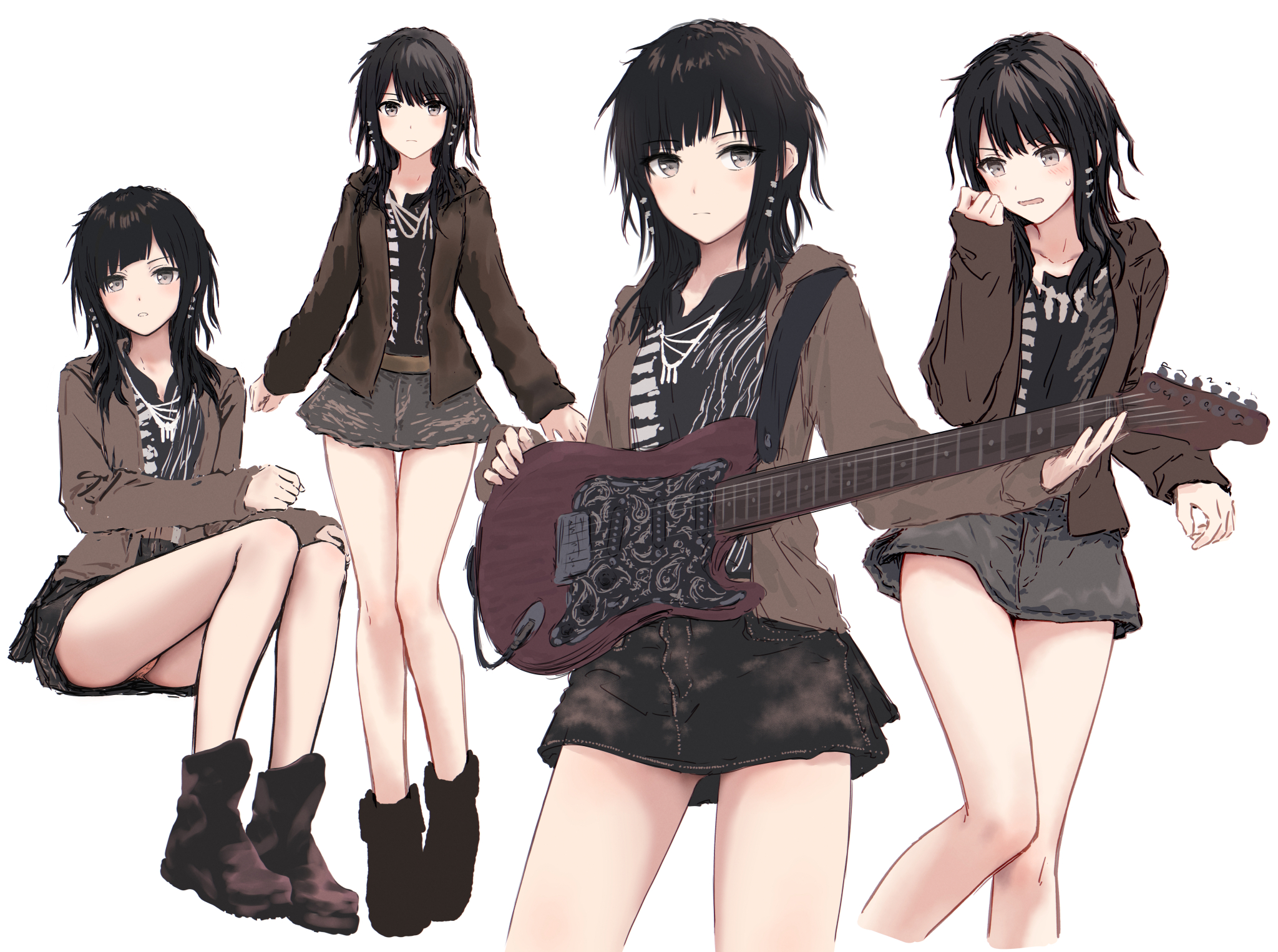 bullfalk, original, commentary request, highres, 1girl, black hair, black shirt, black skirt, blush, brown jacket, closed mouth, cowboy shot, electric guitar, feet out of frame, full body, guitar, holding, holding plectrum, hood, hood down, hooded jacket, instrument, invisible chair, jacket, light frown, long hair, long sleeves, miniskirt, multiple views, open clothes, open jacket, open mouth, orange panties, panties, pantyshot, plectrum, shirt, simple background, sitting, skirt, standing, underwear, upskirt, white background
