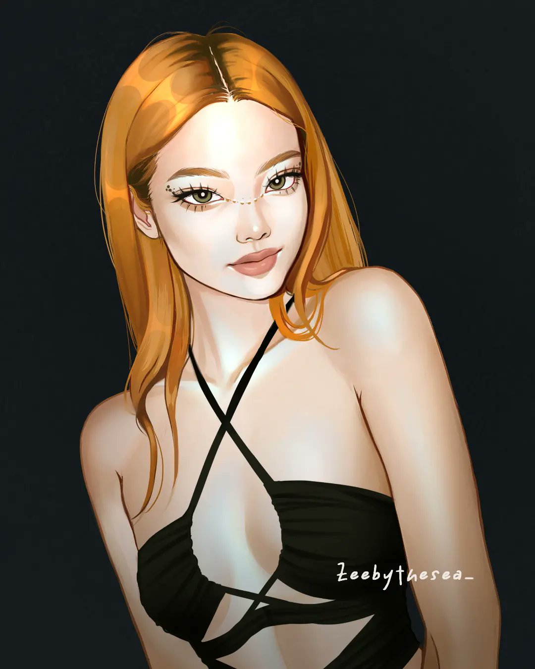 zeebythesea, jennie (blackpink), blackpink, highres, 1girl, artist name, asian, black background, black shirt, breasts, clothing cutout, collarbone, criss-cross halter, crop top, eyelashes, forehead, glitter makeup, green eyes, hair behind ear, halterneck, k-pop, light smile, long hair, looking at viewer, makeup, mask bikini, orange hair, parted bangs, portrait, realistic, shirt, sleeveless, sleeveless shirt, small breasts, straight hair, thick eyebrows, thick lips, underboob cutout, upper body
