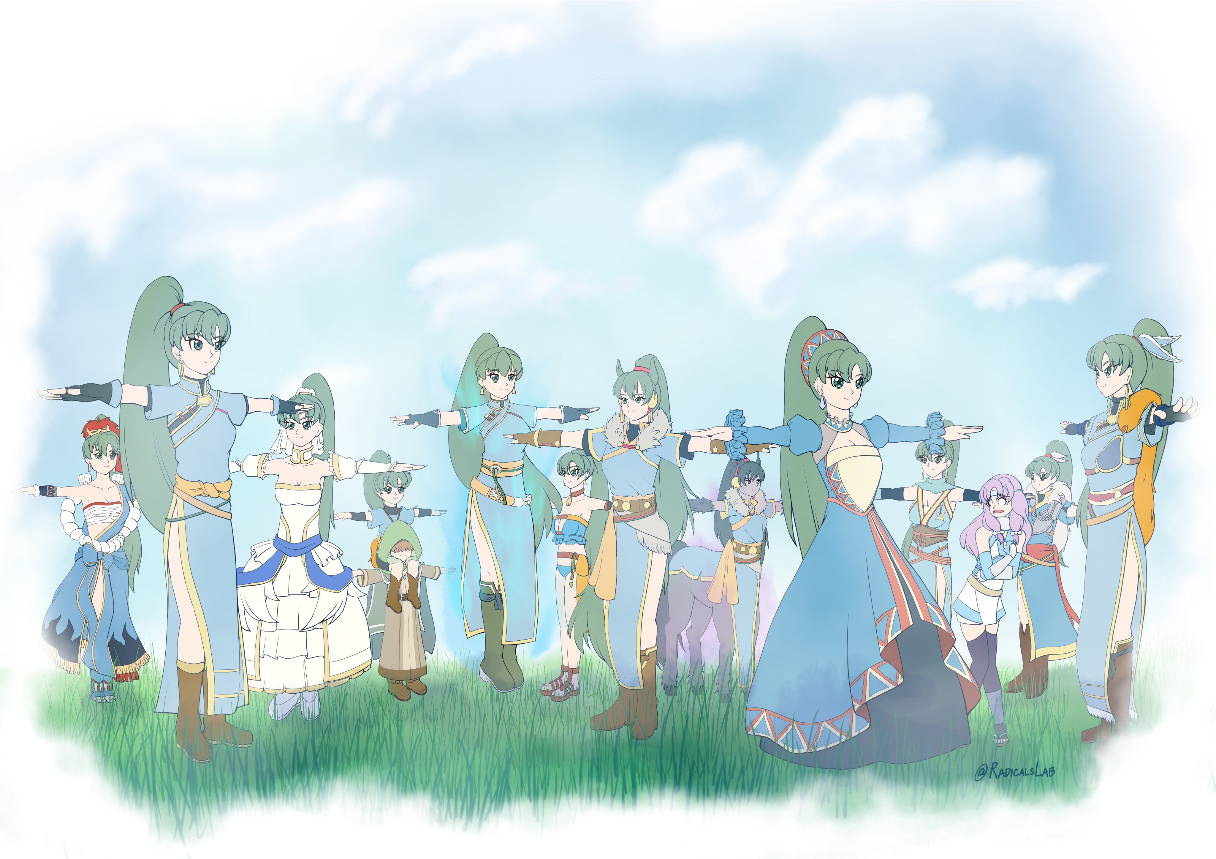 florina (fire emblem), florina (ninja) (fire emblem), lyn (brave lady) (fire emblem), lyn (bride of the plains) (fire emblem), lyn (emblem) (fire emblem), lyn (fire emblem), lyn (flame) (fire emblem), lyn (lady of the beach) (fire emblem), lyn (lady of the wind) (fire emblem), lyn (ninja) (fire emblem), lyn (plains wind) (fire emblem), lyn (wind's embrace) (fire emblem), lyn (winds of hope) (fire emblem), mark (fire emblem: the blazing blade), mark (winds of hope) (fire emblem: the blazing blade), fire emblem, fire emblem: the blazing blade, fire emblem heroes, fire emblem shadows, nintendo, absurdres, highres, 1boy, 6+girls, animal ears, aura, centaur, dr radical, dress, floating, grass, green hair, high ponytail, hood, horse ears, horse tail, multiple girls, multiple persona, official alternate costume, outstretched arms, ponytail, standing, t-pose, tail, taur