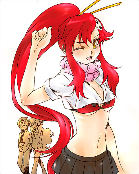 yukimitsuki, nia teppelin, simon (ttgl), yoko littner, tengen toppa gurren lagann, 00s, 1boy, 2girls, bikini, bikini top only, blush, campus lagann, crop top, long hair, midriff, multiple girls, navel, one eye closed, open mouth, ponytail, red hair, skirt, smile, swimsuit, wink, yellow eyes