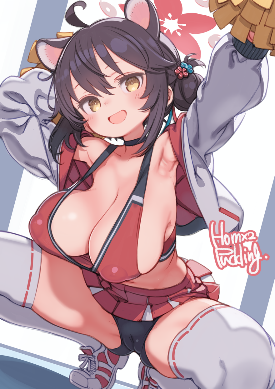 puddinghomhom, kaede (blue archive), blue archive, commentary request, highres, paid reward available, partial commentary, 1girl, ahoge, alternate costume, animal ears, armpits, artist name, bike shorts under skirt, black hair, black shorts, breasts, cameltoe, cheerleader, cleavage, cropped jacket, extra ears, hair bun, halo, holding, holding pom poms, huge breasts, jacket, looking at viewer, miniskirt, open clothes, open jacket, open mouth, pleated skirt, pom pom (cheerleading), pom poms, raccoon ears, raccoon girl, red halo, red shoes, red skirt, red sports bra, ribbon-trimmed thighhighs, ribbon trim, shoes, short hair, short shorts, shorts, signature, skirt, sneakers, solo, sports bra, spread legs, squatting, thighhighs, white jacket, white thighhighs, yellow eyes
