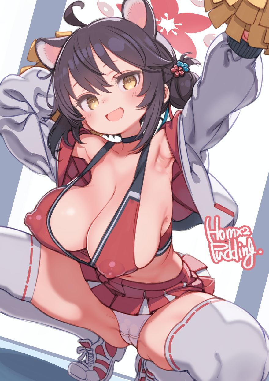puddinghomhom, kaede (blue archive), blue archive, commentary request, highres, paid reward available, partial commentary, 1girl, ahoge, alternate costume, animal ears, armpits, artist name, black hair, breasts, cameltoe, cheerleader, cleavage, covered erect nipples, cropped jacket, extra ears, hair bun, halo, holding, holding pom poms, huge breasts, jacket, looking at viewer, miniskirt, open clothes, open jacket, open mouth, panties, pleated skirt, pom pom (cheerleading), pom poms, raccoon ears, raccoon girl, red halo, red shoes, red skirt, red sports bra, ribbon-trimmed thighhighs, ribbon trim, shoes, short hair, signature, skirt, sneakers, solo, sports bra, spread legs, squatting, thighhighs, underwear, white jacket, white panties, white thighhighs, yellow eyes