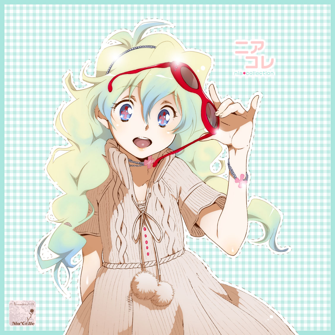 yukimitsuki, nia teppelin, tengen toppa gurren lagann, 00s, bracelet, curly hair, dress, fashion, gradient hair, hairband, happy, headband, jewelry, multicolored hair, necklace, open mouth, smile, solo, sunglasses