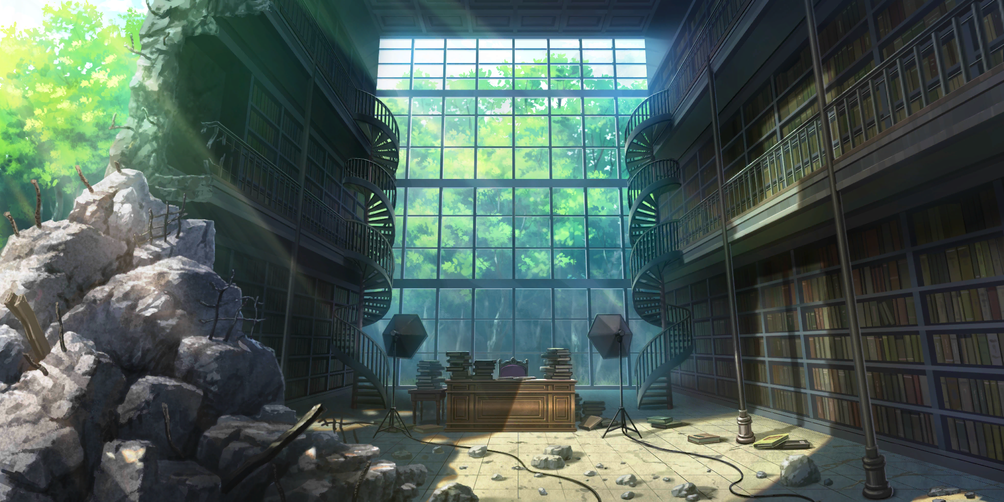 touhou, touhou lostword, artist request, game cg, highres, official art, third-party source, book, book stack, bookshelf, cable, day, desk, dilapidated, indoors, library, no humans, rubble, scenery, spiral staircase, stairs, studio lights, sunlight, tile floor, tiles, tree, window