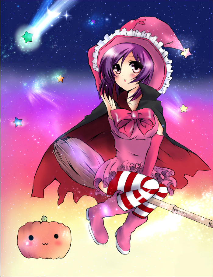 kanna (meronpan1108), tieria erde, gundam, gundam 00, 00s, 1girl, blush, boots, bow, breasts, broom, cape, dress, elbow gloves, female focus, frills, genderswap, genderswap (mtf), gloves, halloween, hat, large breasts, pink dress, purple hair, red eyes, short hair, solo, striped clothes, striped thighhighs, thighhighs, witch