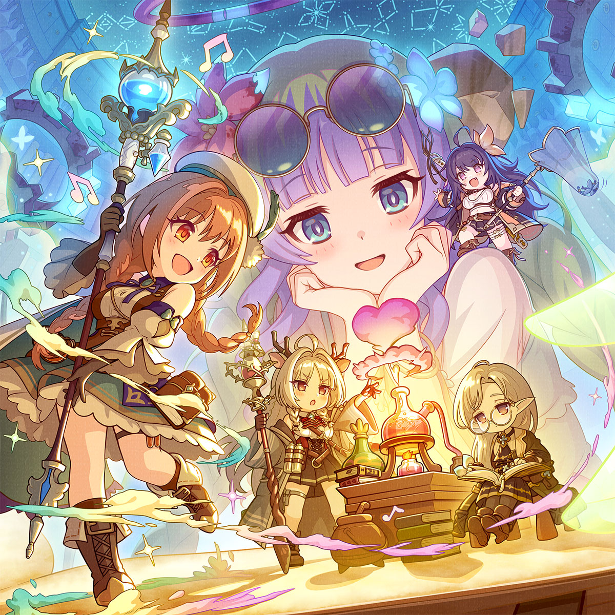 ameth (princess connect!), iroha (princess connect!), louise marie, nebbia (princess connect!), nozomi (alchemist) (princess connect!), nozomi (princess connect!), sono (princess connect!), cygames, princess connect!, highres, official art, textless version, 6+girls, ahoge, album cover, alces alchemy atelier (princess connect!), animal ears, bare shoulders, belt, blue eyes, blunt bangs, book, boots, braid, breasts, brown boots, brown eyes, brown hair, bug, butterfly, butterfly net, cd, chair, chemistry, closed mouth, cover, deer ears, deer girl, eighth note, english text, eyewear on head, fang, flask, flower, frilled skirt, frills, glasses, gloves, green hair, hair flower, hair ornament, hand net, hand on book, hand on own chin, hat, holding, holding butterfly net, holding wand, holding weapon, horns, in net, insect, lamp, logo, long hair, medium breasts, midriff, miniskirt, multicolored hair, multiple girls, musical note, navel, open book, open hand, open mouth, pointy ears, purple hair, round eyewear, sitting, skirt, smoke, sparkle, standing, standing on another's shoulder, sunglasses, sword, table, thighs, title, tongue, two-tone hair, wand, weapon