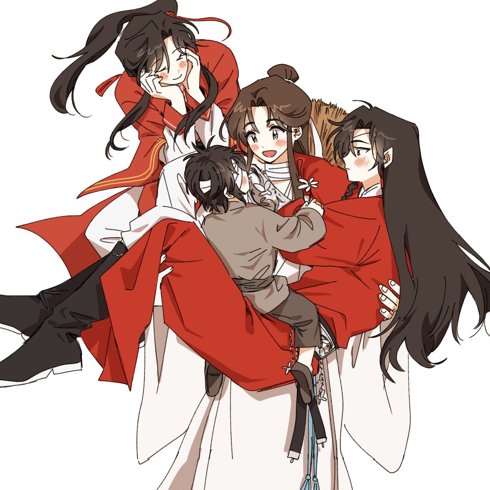 bujang, hua cheng, san lang, xie lian, tianguan cifu, 4boys, arms around neck, bandage over one eye, bandaged neck, bandages, belt, black belt, black boots, black hair, blush stickers, boots, bracelet, brown hair, brown shoes, carrying, carrying person, chinese clothes, choppy bangs, closed eyes, closed mouth, curtained hair, daisy (flower), dot nose, double vertical stripe, elbow rest, facing viewer, fingernails, flower, giving flower, grey pants, hair behind ear, hair bun, hair ornament, hair ribbon, half-closed eyes, hanfu, happy, hat, head down, head on hands, head rest, head tilt, holding, holding flower, hua cheng (child), implied yaoi, jealous, jewelry, knee boots, long eyelashes, long sidelocks, long sleeves, looking ahead, looking at another, looking up, loose belt, lovestruck, male focus, mandarin collar, messy hair, multiple boys, multiple persona, open mouth, outstretched hand, pants, parted bangs, pointy ears, princess carry, profile, puffy long sleeves, puffy sleeves, red yuanlingpao, ribbon, rice hat, serious, shoes, shy, side ponytail, side slit, sidelocks, silver belt, silver bracelet, simple background, single hair bun, sitting, sitting on lap, sitting on person, sleeve cuffs, sleeves past wrists, smile, standing, swept bangs, tangzhuang, tareme, tassel, tassel hair ornament, time paradox, unworn hat, unworn headwear, wavy ends, white background, white flower, white hanfu, white pants, white ribbon, white sleeves, wide sleeves, yellow eyes, yuanlingpao