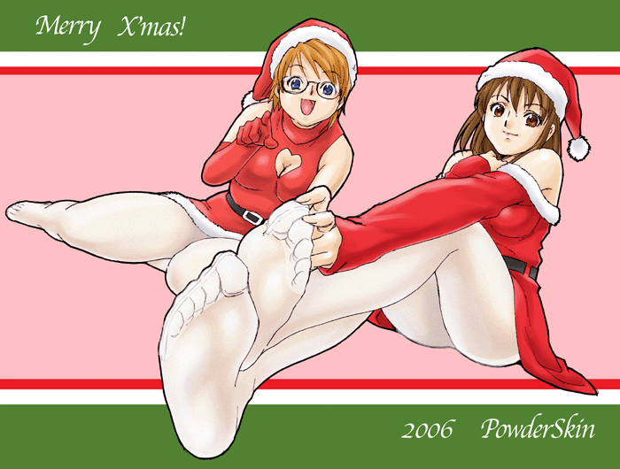 uraharukon, white legwear, 00s, 2006, 2girls, bare shoulders, blue eyes, breasts, brown hair, christmas, cleavage, feet, glasses, gloves, hat, large breasts, legs, long hair, medium breasts, multiple girls, open mouth, pantyhose, powderskin, santa costume, santa hat, short hair, skirt