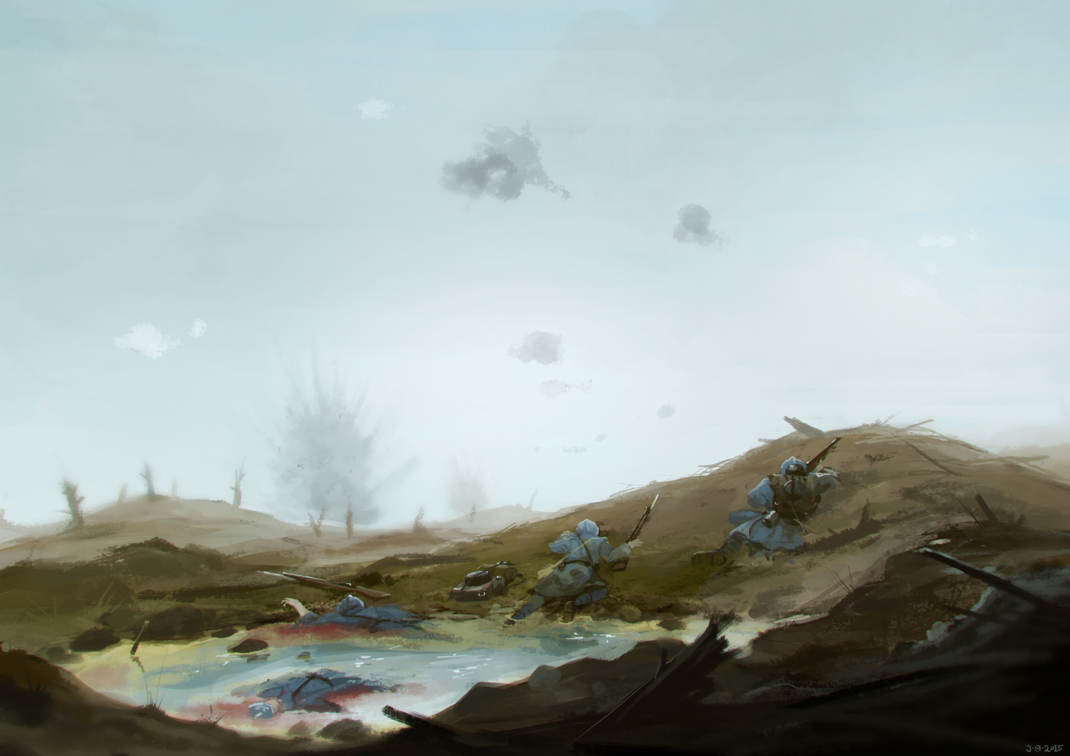 johan aronson, original, absurdres, highres, painting (medium), traditional media, 4boys, battle, battlefield, blue sky, day, death, french army, hill, military uniform, multiple boys, puddle, scenery, sky, smoke, soldier, taking cover, water, world war i