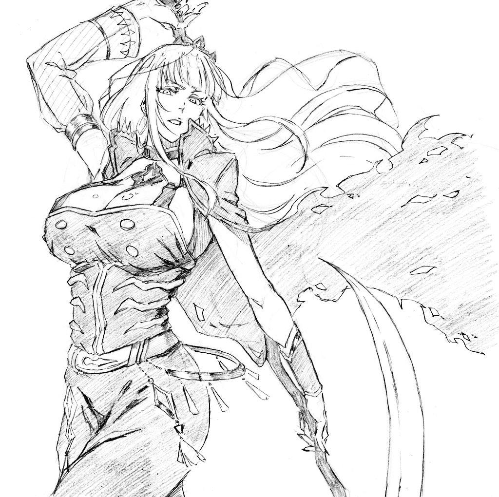 rakusakugk, mori calliope, mori calliope (1st costume), hololive, hololive english, 1girl, black cape, black tiara, breasts, cape, cleavage, detached sleeves, hair between eyes, holding, holding scythe, kubo tite (style), large breasts, long hair, looking at viewer, monochrome, open mouth, scythe, shoulder spikes, simple background, single detached sleeve, sketch, solo, spiked cape, spikes, tiara, veil, virtual youtuber, white background