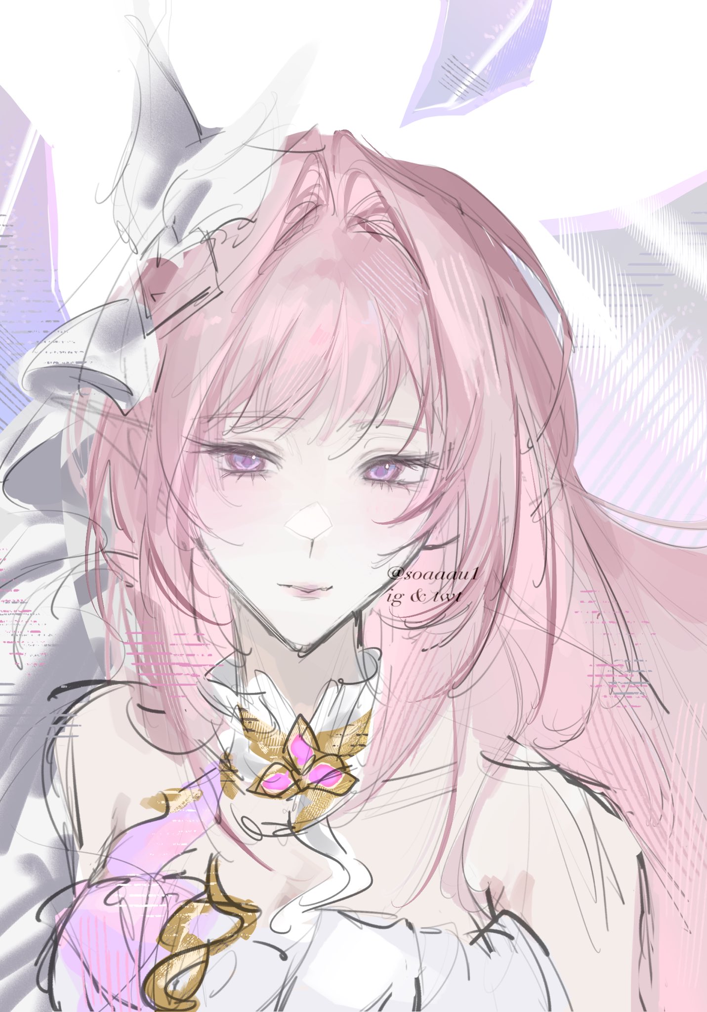elysia (herrscher of human: ego) (honkai impact), elysia (honkai impact), honkai (series), honkai impact 3rd, commentary, english commentary, highres, 1girl, bare shoulders, breasts, corset, hair ornament, large breasts, long hair, pink hair, purple eyes, soaaau1, solo, triquetra, upper body, very long hair, white corset