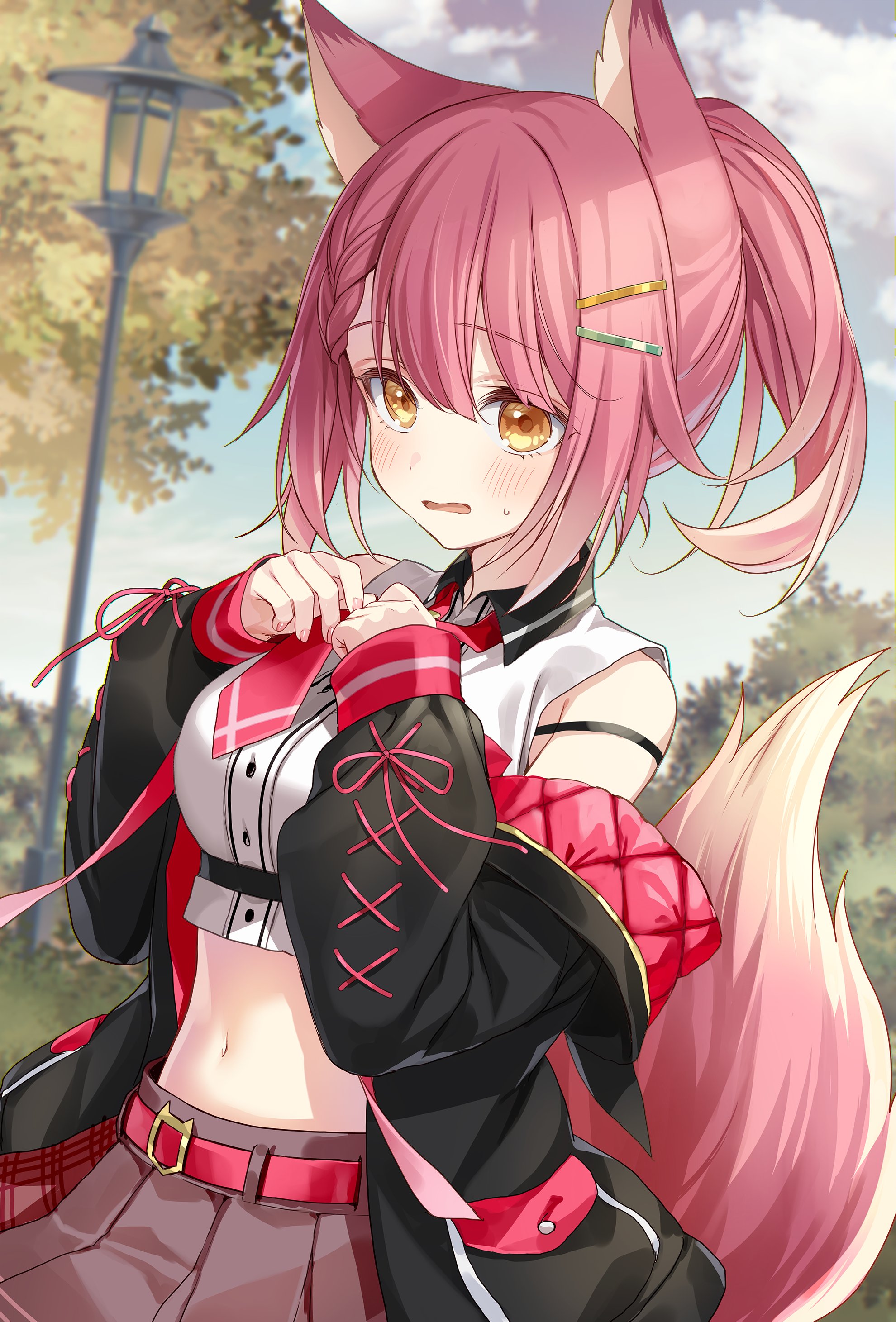 memeno, sakuya azusa, propro production, absurdres, highres, second-party source, 1girl, animal ears, bare shoulders, belt, black jacket, braid, breasts, brown skirt, collared shirt, cowboy shot, crop top, down jacket, fox ears, fox girl, fox tail, jacket, large breasts, long hair, midriff, navel, necktie, off shoulder, open mouth, pink hair, pleated skirt, ponytail, shirt, skirt, sleeveless, sleeveless shirt, solo, stomach, sweatdrop, tail, virtual youtuber, white shirt, yellow eyes