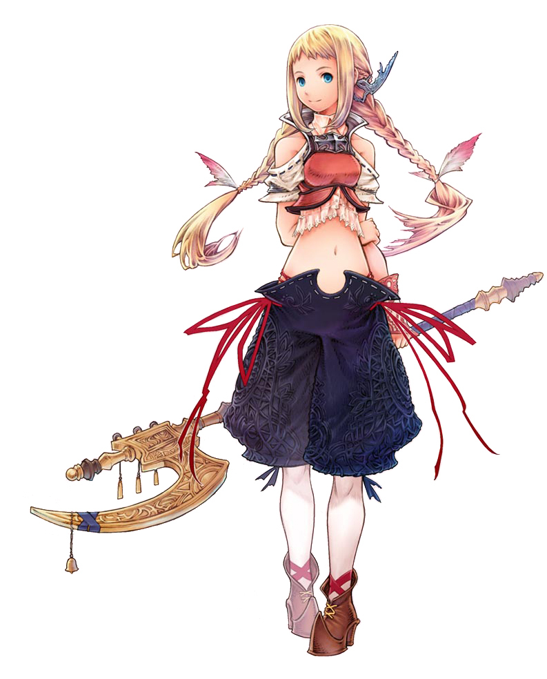 ito ryoma, itou ryouma, penelo, final fantasy, final fantasy tactics a2, final fantasy tactics advance, final fantasy xii, final fantasy xii revenant wings, cross-laced footwear, official art, 00s, 1girl, ankle boots, arms behind back, bare shoulders, bell, blonde hair, blue eyes, boots, braid, breasts, chain, crop top, cross, female focus, full body, hair ornament, high heel boots, high heels, holding, holding own arm, holding staff, holding weapon, iron cross, lace, light smile, long hair, looking at viewer, midriff, narrow waist, navel, off shoulder, pantyhose, pointy boots, ribbon, ribbon trim, shoes, shorts, sidelocks, simple background, small breasts, smile, solo, staff, standing, turtleneck, twin braids, twintails, very long hair, weapon, white background, white pantyhose