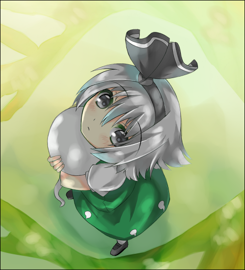 shingetsu takehito, konpaku youmu, konpaku youmu (ghost), touhou, silver hair, 1girl, black eyes, female focus, hairband, hitodama, short hair, solo