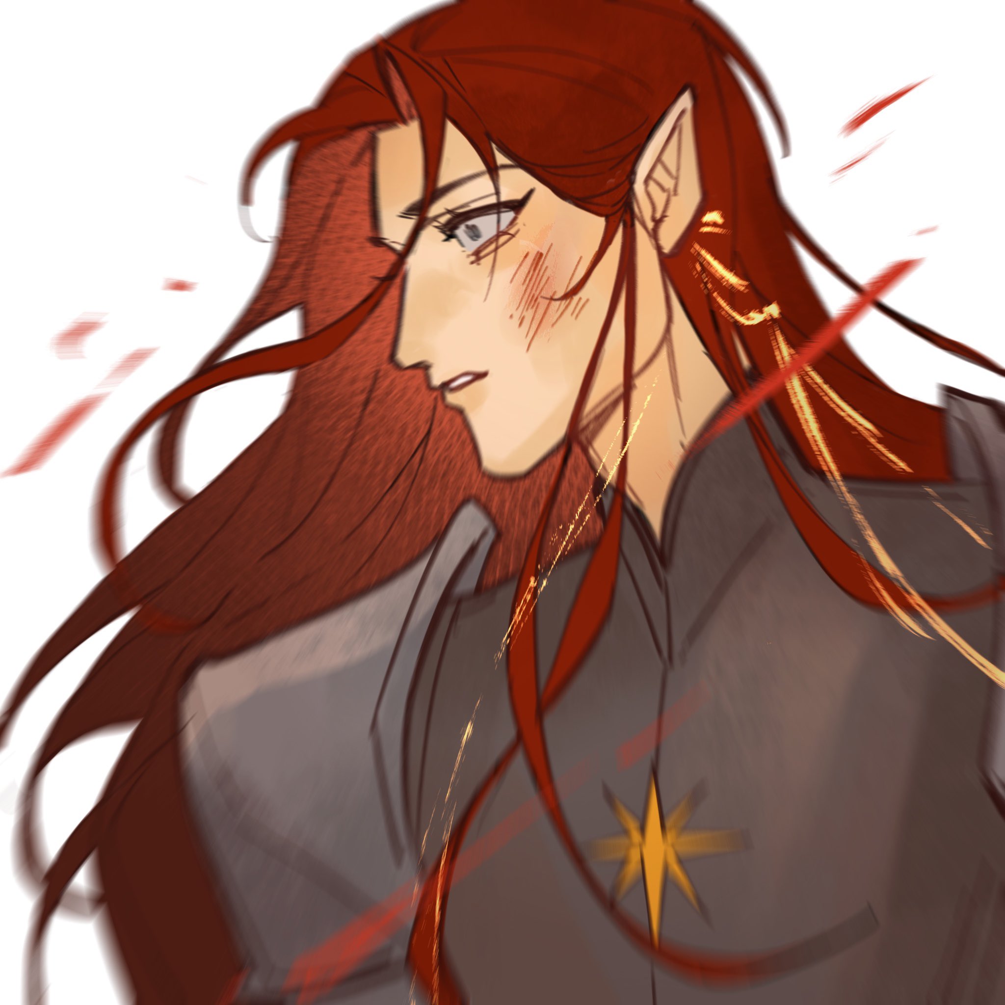 issa crimson, maedhros, the silmarillion, tolkien's legendarium, 1boy, armor, bruise, bruise on face, elf, eyelashes, floating hair, injury, long hair, male focus, motion blur, parted lips, pointy ears, profile, red hair, shoulder armor, simple background, solo, teeth, upper body, white background