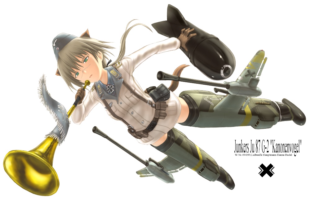 sabamu, hanna rudel, junkers ju 87, strike witches, strike witches: suomus misfits squadron, world witches series, 00s, 1girl, aircraft, airplane, bomb, bomber, explosive, female focus, horns, mecha musume, military, military uniform, military vehicle, scar, scar on face, scar on nose, solo, striker unit