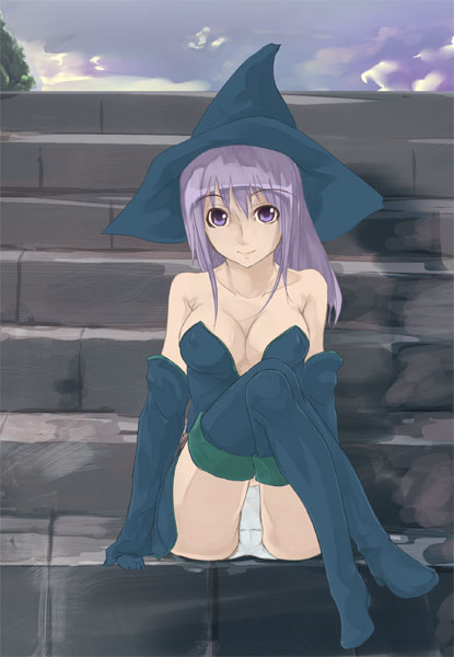 akino komichi, fantasy earth zero, 1girl, bare shoulders, breasts, cleavage, covered erect nipples, crossed legs, detached sleeves, female focus, hat, medium breasts, outdoors, panties, pantyshot, purple eyes, purple hair, sitting, smile, solo, thighhighs, underwear, white panties, witch hat