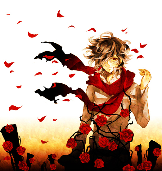 ta eiko, taeko (tao), setsuna f. seiei, gundam, gundam 00, bad id, bad pixiv id, 00s, 1boy, flower, gun, male focus, petals, plant, red flower, red rose, rose, rose petals, scarf, solo, vines, weapon