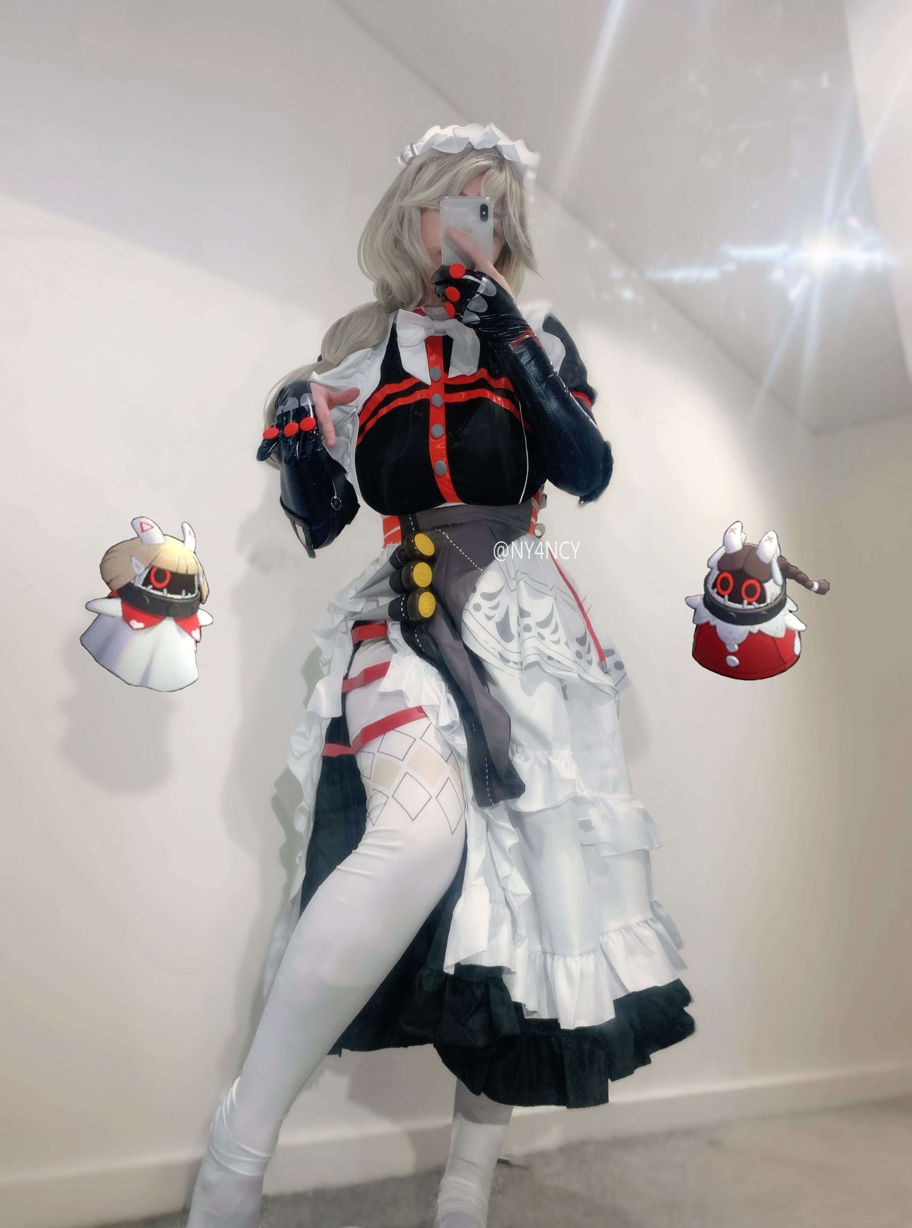 ny4ncy, nyanpiree, alexandrina sebastiane, real life, zenless zone zero, absurdres, cosplay photo, highres, photo (medium), 1girl, apron, black dress, breasts, chest harness, claw pose, dress, female focus, frilled apron, frilled dress, frilled headwear, frills, gloves, grey hair, hair between eyes, harness, large breasts, long hair, maid apron, maid headdress, partially fingerless gloves, selfie, solo, white apron