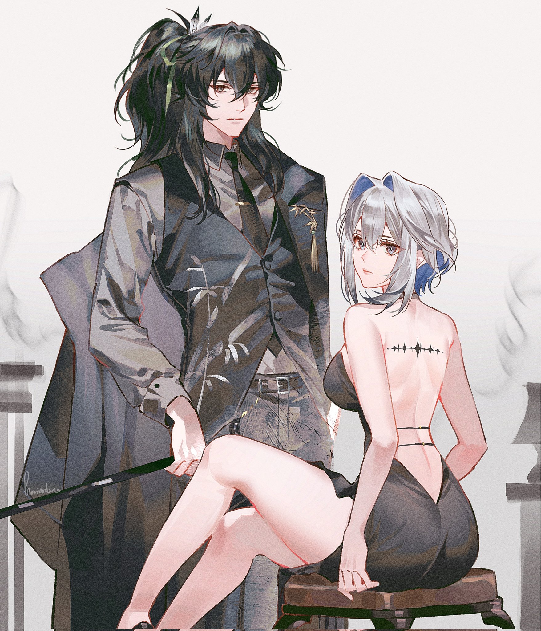 galbrena (wuthering waves), qiuyuan (wuthering waves), highres, 1boy, 1girl, ass, backless outfit, bare shoulders, black dress, black hair, blue hair, breasts, closed mouth, coat, crossed legs, dress, grey eyes, hair between eyes, horionline, looking at viewer, ponytail, short hair, sidelocks, simple background, sitting, stool, tacet mark (wuthering waves)
