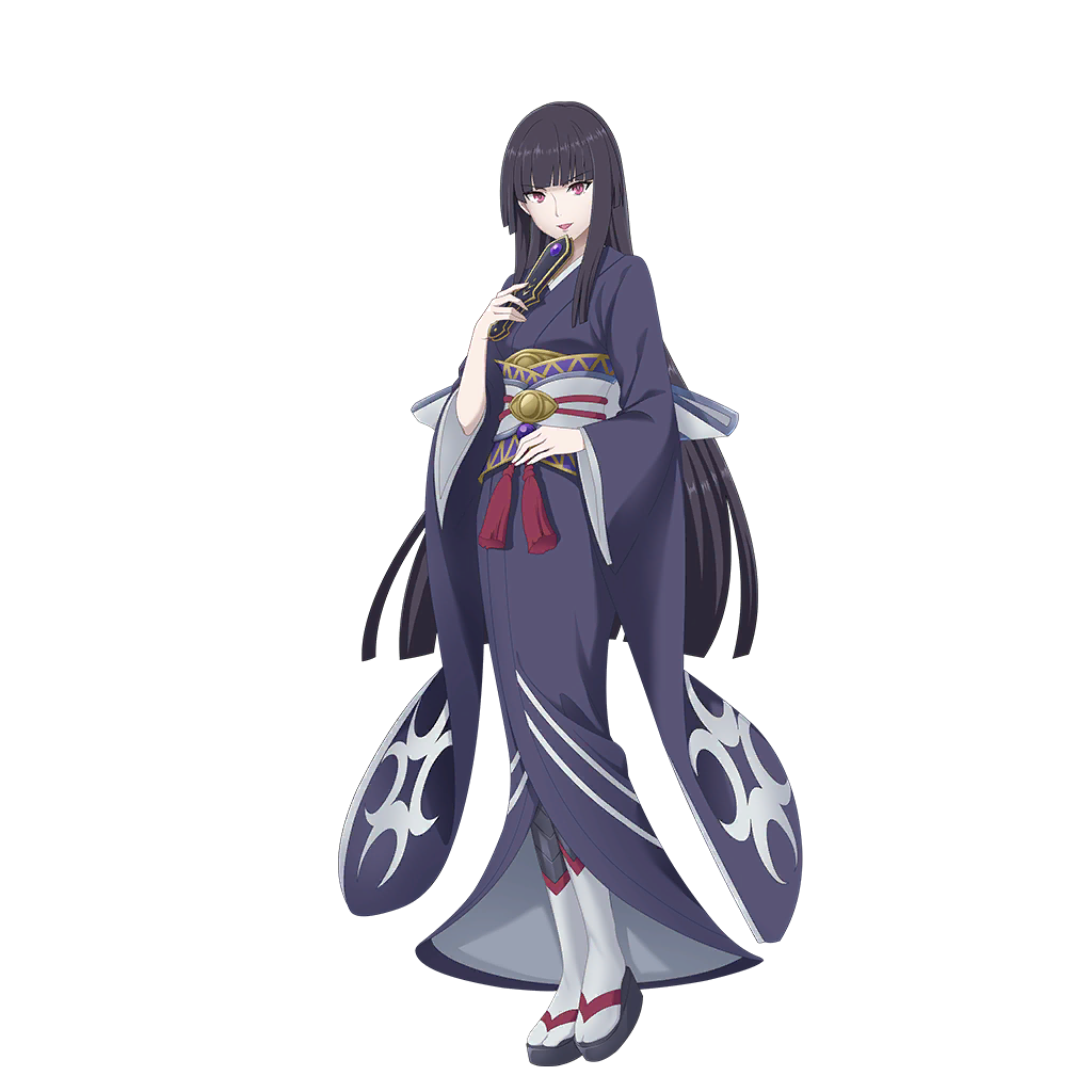 glass (tate no yuusha no nariagari), tate no yuusha no nariagari, tate no yuusha no nariagari rerise, artist request, game cg, official art, 1girl, armor, black armor, black hair, black sandals, blunt bangs, blunt ends, breasts, eyelashes, folded fan, folding fan, full body, hand fan, hands up, holding, holding fan, japanese clothes, kimono, kneehighs, long hair, long sleeves, looking at viewer, obi, okobo, open mouth, platform sandals, purple kimono, red eyes, sandals, sash, shin guards, simple background, small breasts, smile, socks, solo, standing, straight hair, tachi-e, transparent background, v-shaped eyebrows, vassal fan (demon dragon fan) (tate no yuusha no nariagari), vassal fan (tate no yuusha no nariagari), white sash, white socks, wide sleeves, yukata