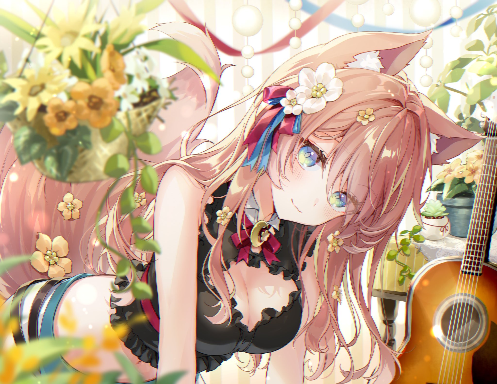 memeno, hizuki rurufu, snack nili, highres, second-party source, 1girl, :3, acoustic guitar, animal ears, bare arms, bare shoulders, bent over, black shirt, blurry, breasts, brown hair, cleavage, cleavage cutout, closed mouth, clothing cutout, collared shirt, crop top, depth of field, flower, frilled shirt, frills, green eyes, guitar, hair flower, hair ornament, instrument, large breasts, long hair, looking at viewer, midriff, navel, shirt, sleeveless, sleeveless shirt, smile, solo, tail, virtual youtuber, wolf ears, wolf girl, wolf tail