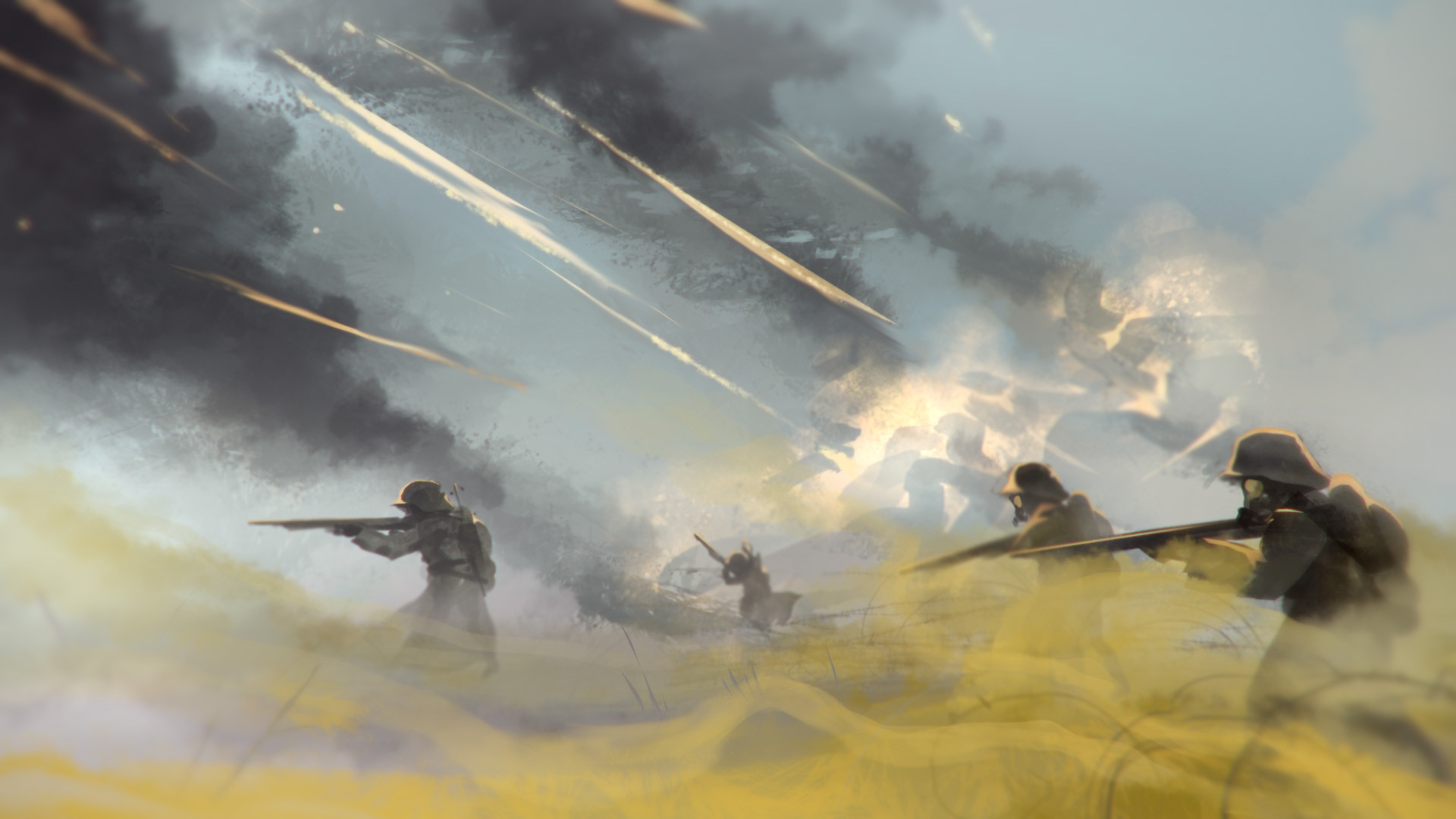 johan aronson, original, highres, 4boys, backpack, bag, battle, battlefield, bombardment, helmet, masked, military uniform, multiple boys, smoke, smoke trail, soldier, world war i