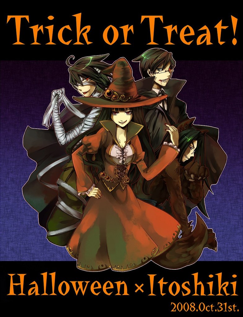 itoshiki kei, itoshiki mikoto, itoshiki nozomu, itoshiki rin, sayonara zetsubou sensei, 00s, 1girl, 2008, 3boys, bandages, black hair, cape, character name, dated, fang, fangs, halloween, hat, multiple boys, siblings, trick or treat, vampire, witch