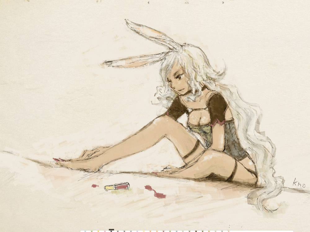 kno, kno (anahita), fran (ff12), final fantasy, final fantasy xii, bad id, bad pixiv id, 00s, 1girl, animal ears, applying pedicure, barefoot, breasts, brown eyes, cleavage, feet, female focus, hands on feet, long hair, nail polish, rabbit ears, sitting, sketch, solo, toenails, toes, very long hair, viera, white hair