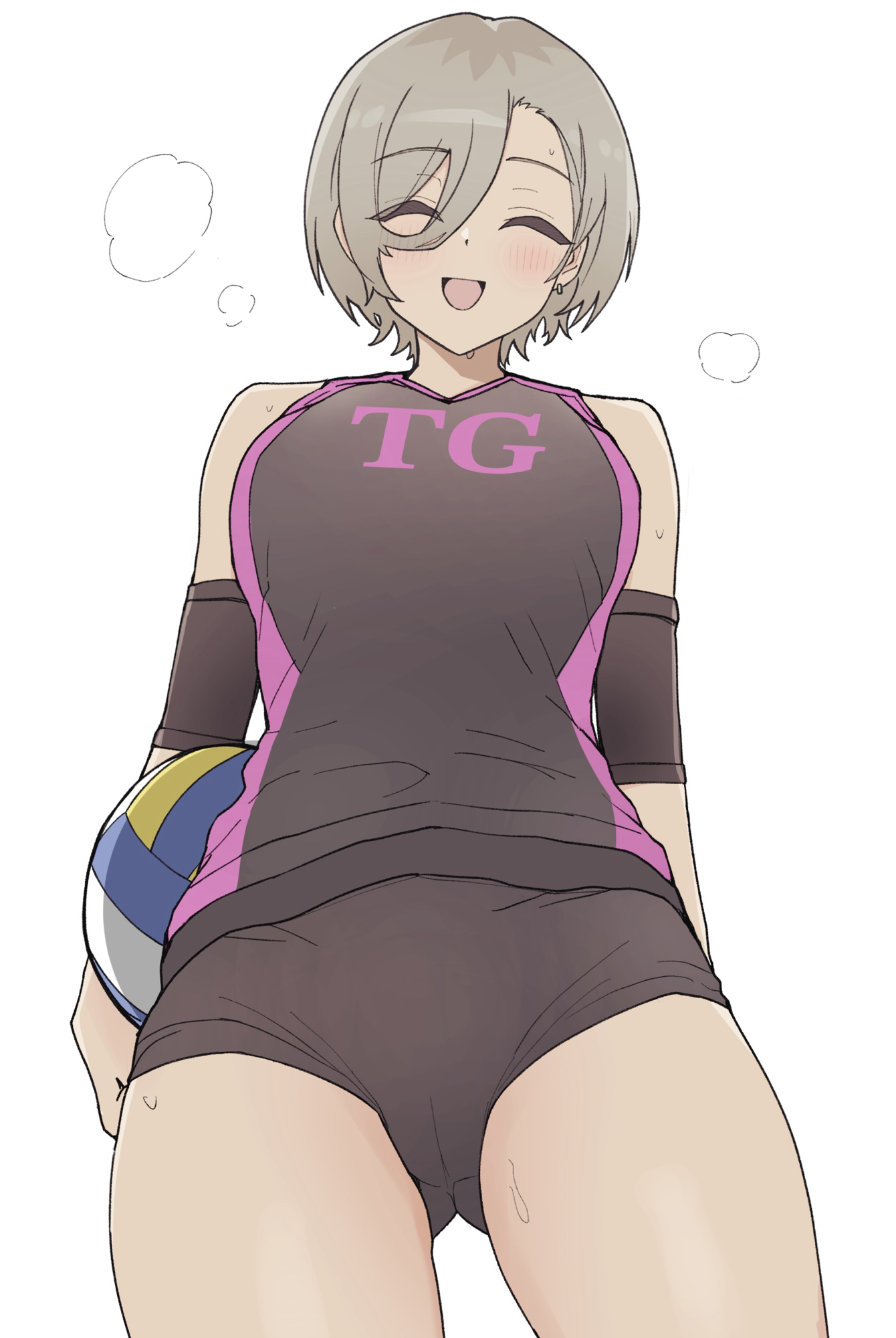 n nai nai n, rupa (girls band cry), girls band cry, commentary, highres, 1girl, :d, ^ ^, bare shoulders, black buruma, black shirt, blush, breasts, buruma, cameltoe, closed eyes, cowboy shot, facing viewer, hair between eyes, large breasts, long hair between eyes, loosely tucked bangs, open mouth, shirt, simple background, smile, solo, sportswear, volleyball, volleyball uniform