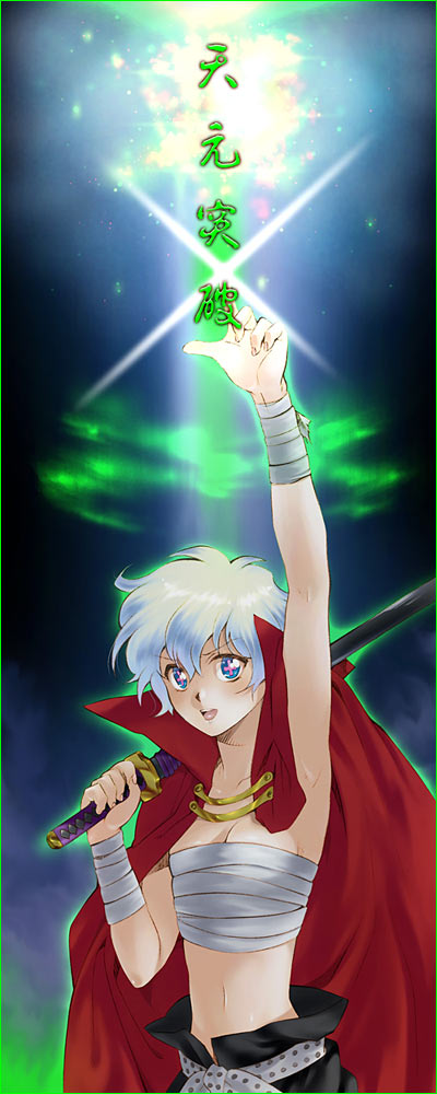 yukimitsuki, kamina (ttgl), nia teppelin, tengen toppa gurren lagann, long image, tall image, 1girl, bandages, belt, blue hair, breasts, cape, cosplay, female focus, kamina (cosplay), kamina pose, katana, pointing, pointing up, sarashi, short hair, solo, sword, weapon