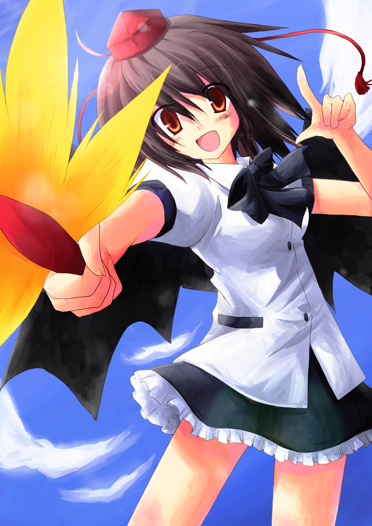 aruha, yuuhi alpha, shameimaru aya, touhou, bad id, 1girl, black bow, black bowtie, black hair, black skirt, blush, bow, bowtie, dress, female focus, hat, leaf fan, looking at viewer, miniskirt, open mouth, puffy short sleeves, puffy sleeves, red eyes, short hair, short sleeves, skirt, sky, smile, solo, tareme, tassel, white dress