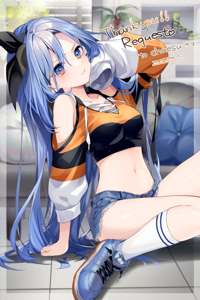 memeno, bae minah (chaesu), original, commission, skeb commission, 1girl, arm up, bare shoulders, black hoodie, blue eyes, blue hair, blue shoes, blue shorts, breasts, clothing cutout, crop top, cropped hoodie, cutoffs, denim, denim shorts, frown, hair ribbon, hood, hoodie, kneehighs, long hair, long sleeves, looking at viewer, medium breasts, micro shorts, midriff, navel, ribbon, shoes, short shorts, shorts, shoulder cutout, sitting, sleeves past fingers, sleeves past wrists, socks, solo, stomach, thighs, two-tone hoodie, v-shaped eyebrows, very long hair, white socks