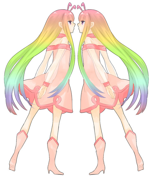 minami, minami (betty), hiratsuka raichou, kyouran kazoku nikki, 00s, 2girls, antennae, dress, multicolored hair, multiple girls, symmetry