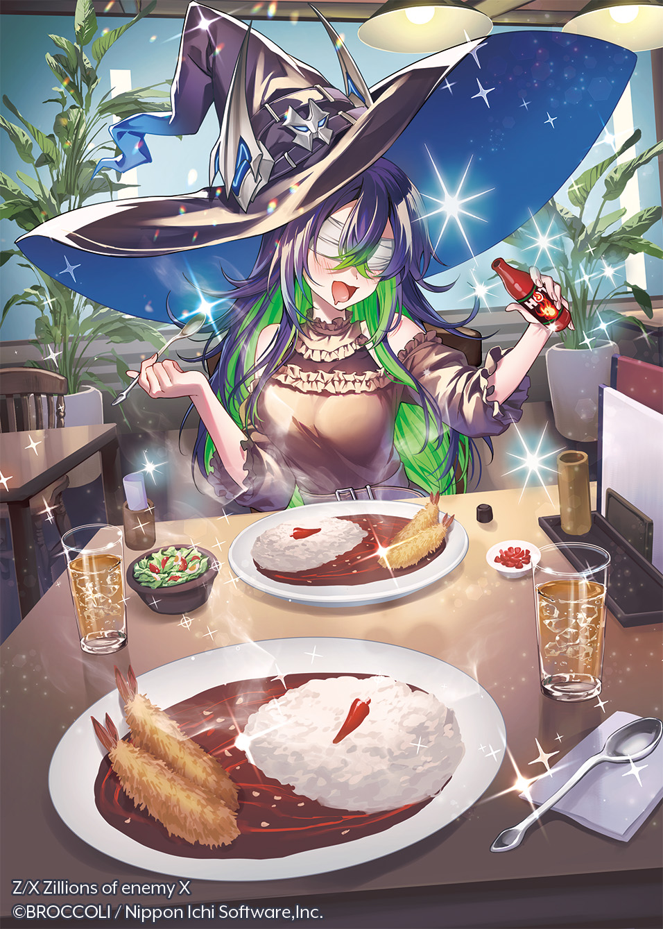 konatsu hare, tabasco, z/x, highres, official art, 1girl, bandages, bandages over eyes, bare shoulders, belt, black hat, blindfold, blue hair, blush, brown belt, brown dress, chair, chili pepper, colored inner hair, copyright notice, covered eyes, cup, curry, curry rice, dress, drinking glass, drooling, food, frilled dress, frills, gloria (z/x), green hair, hair between eyes, hat, hat ornament, holding, holding spoon, indoors, long hair, multicolored hair, on chair, open mouth, plant, potted plant, restaurant, rice, salad, shrimp, shrimp tempura, solo, sparkle, spoon, table, tempura, upper body, witch hat