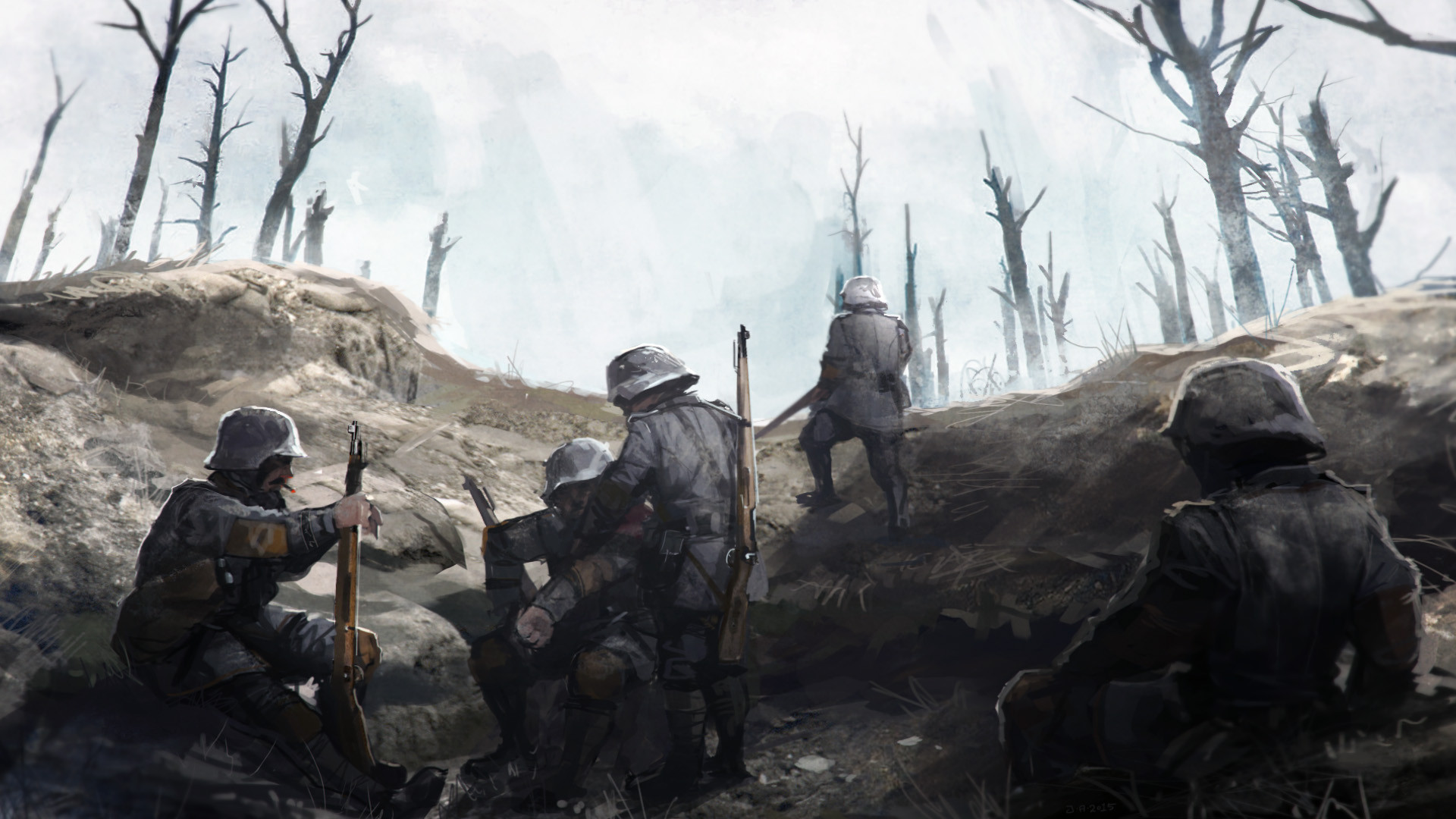johan aronson, original, highres, 5boys, battlefield, bolt action, combat helmet, foxhole, german army, gun, helmet, hill, holding, holding gun, holding weapon, imperial german army, mauser 98, military uniform, multiple boys, rifle, shadow, soldier, stahlhelm, weapon, world war i