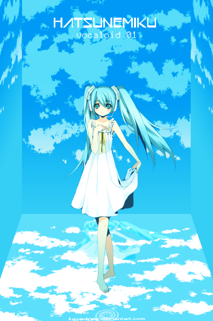 kaze-hime, hatsune miku, vocaloid, 1girl, aqua eyes, aqua hair, barefoot, blue eyes, blue hair, cloud, dress, female focus, hand on own chest, headphones, matching hair/eyes, skirt, skirt hold, solo, twintails, white dress, white skirt
