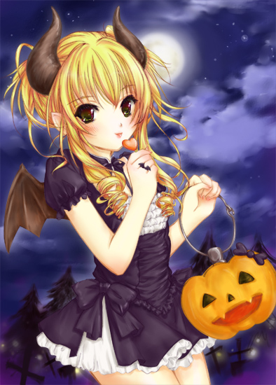 original, tagme, 1girl, demon girl, female focus, halloween, horns, solo
