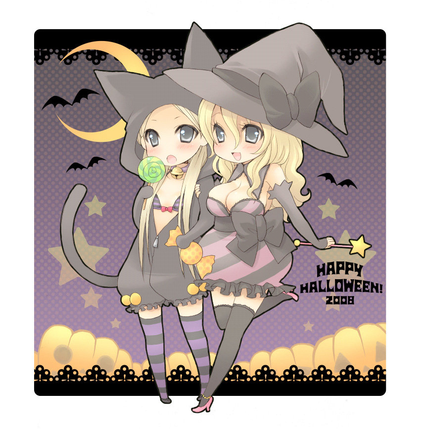 striped legwear, artist request, 00s, 2008, 2girls, animal ears, anklet, bat (animal), bell, blonde hair, blush, bow, bra, candy, cat ears, cat tail, chibi, collar, crescent moon, fingerless gloves, food, frills, gloves, grey eyes, halloween, happy halloween, hat, high heels, jack-o'-lantern, jewelry, lace, lingerie, lollipop, long hair, moon, multiple girls, neck bell, pumpkin, shoes, standing, standing on one leg, star (symbol), swirl lollipop, tail, thighhighs, underwear, wand, witch hat, zettai ryouiki