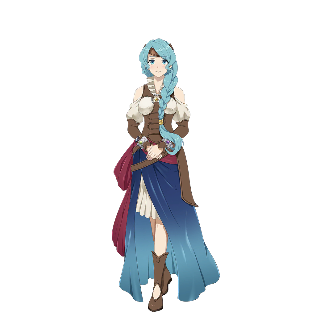 therese alexanderite, tate no yuusha no nariagari, tate no yuusha no nariagari rerise, artist request, clothing request, game cg, official art, 1girl, ankle boots, armor, armored boots, bangle, bare shoulders, blue eyes, blue gemstone, blue hair, blue sarong, boots, bracelet, braid, braided ponytail, breasts, brown boots, closed mouth, clothing cutout, collared shirt, dress, full body, gem, gradient sarong, green gemstone, hair tubes, hands on own stomach, high collar, jewelry, leather armor, long hair, long sleeves, looking at viewer, medium breasts, metal hair tubes, own hands together, pleated dress, purple gemstone, sarong, shirt, short dress, shoulder cutout, side ponytail, simple background, single hair tube, smile, solo, standing, straight-on, tachi-e, transparent background, vambraces, white dress, wristband, yellow gemstone